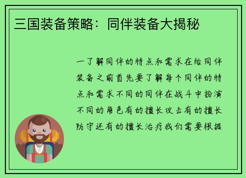三国装备策略：同伴装备大揭秘